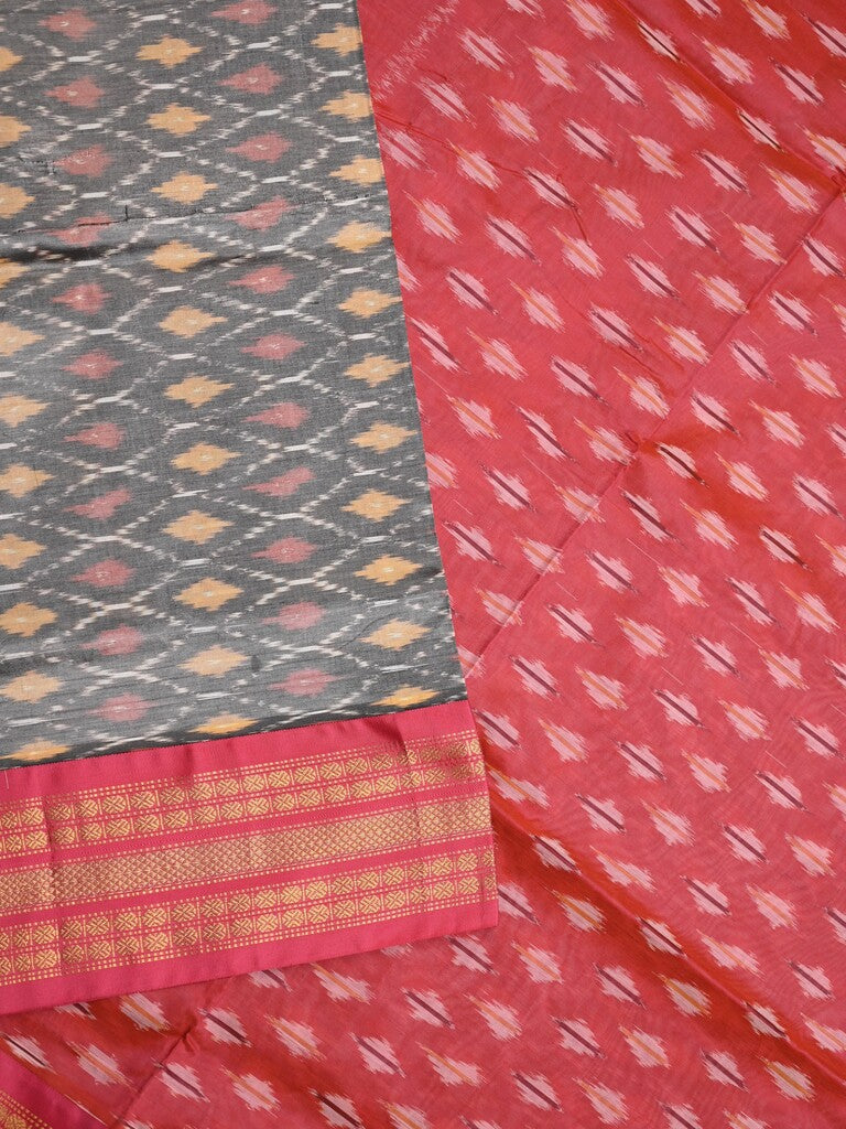 Ikkat pattu saree grey color allover weaves & zari border with contrast pallu and contrast blouse