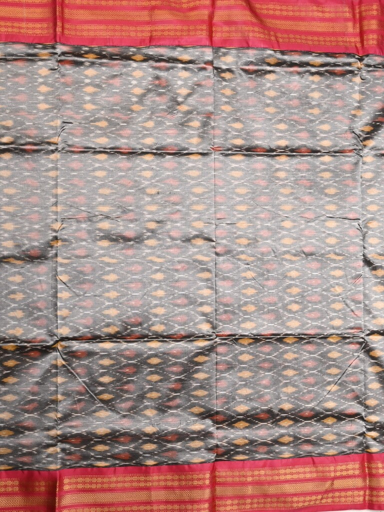 Ikkat pattu saree grey color allover weaves & zari border with contrast pallu and contrast blouse
