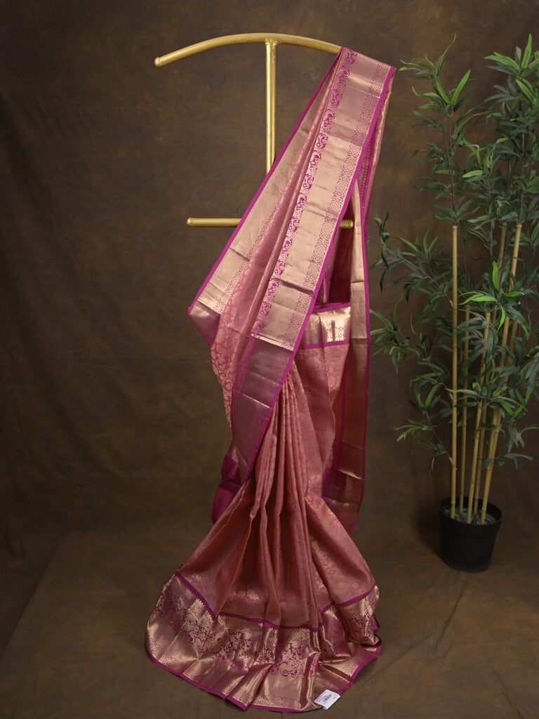 Kanchi pattu saree onion pink color allover zari weaves & zari border with rich pallu and contrast plain blouse