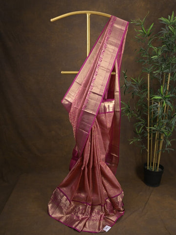 Kanchi pattu saree onion pink color allover zari weaves & zari border with rich pallu and contrast plain blouse
