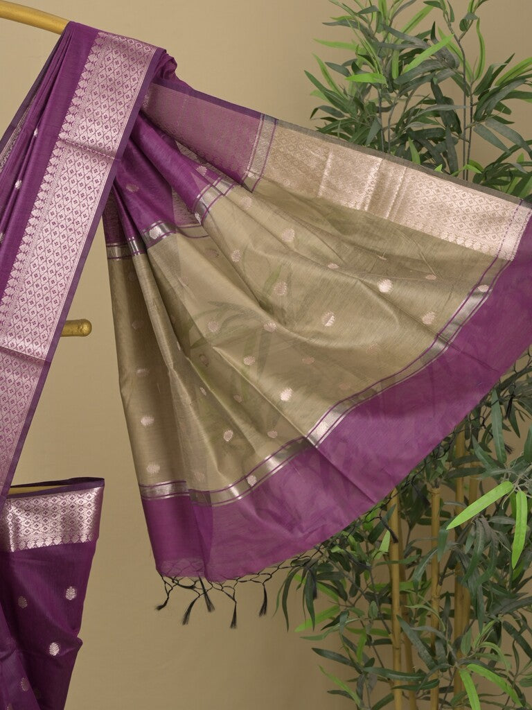 Chanderi fancy saree with allover zari motifs & zari border with zari pallu and attached self blouse