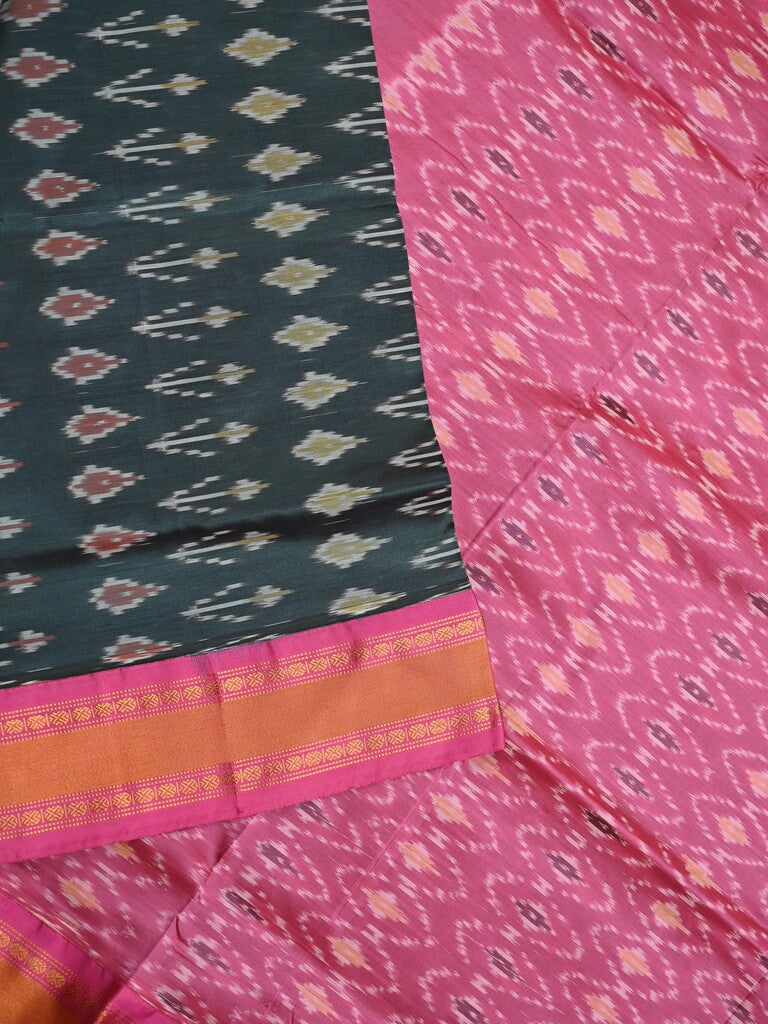 Ikkat pattu saree dark grey color allover weaves & zari border with contrast pallu and contrast blouse
