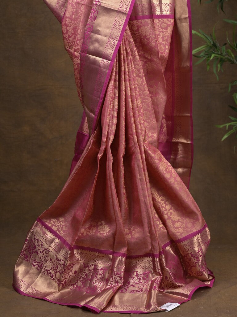 Kanchi pattu saree onion pink color allover zari weaves & zari border with rich pallu and contrast plain blouse