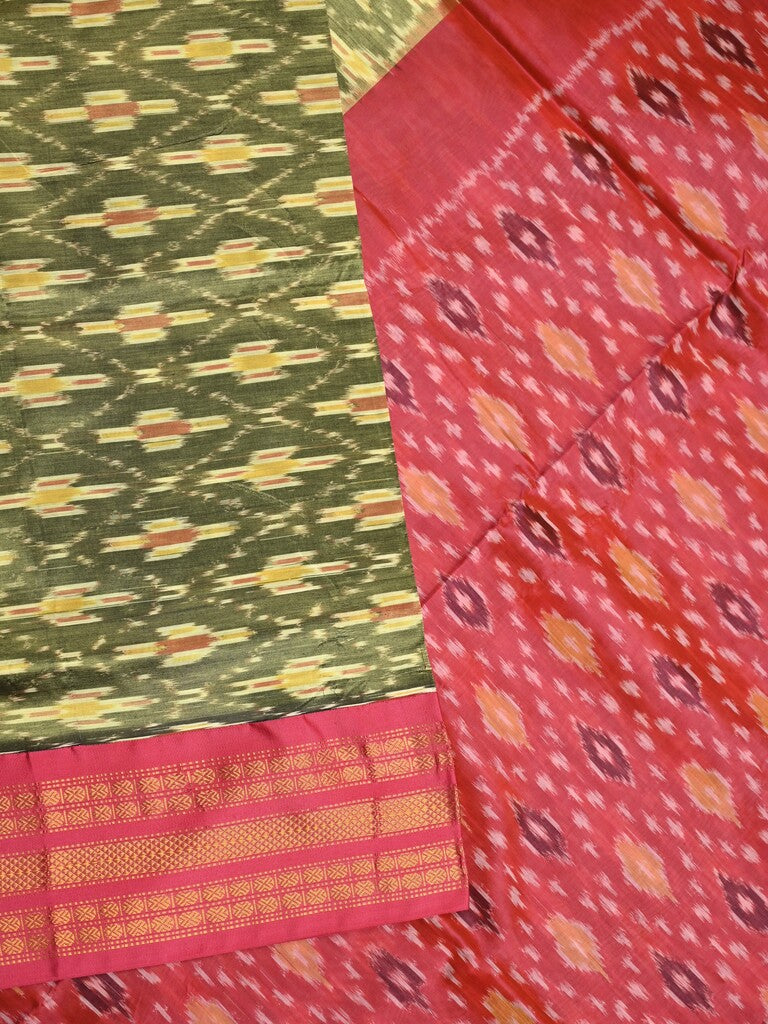 Ikkat pattu saree leaf green color allover weaves & zari border with contrast pallu and contrast blouse