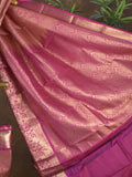 Kanchi pattu saree onion pink color allover zari weaves & zari border with rich pallu and contrast plain blouse