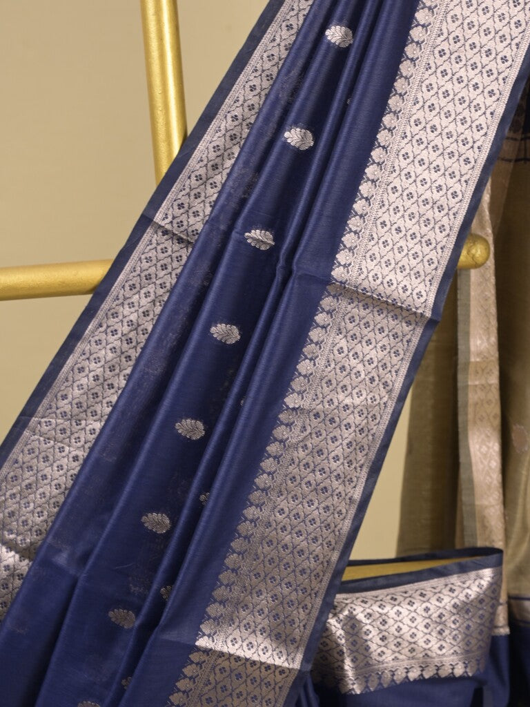 Chanderi fancy saree with allover zari motifs & zari border with zari pallu and attached self blouse