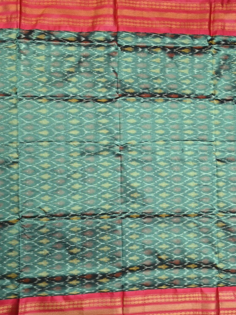 Ikkat pattu saree peacock green color allover weaves & zari border with contrast pallu and contrast blouse