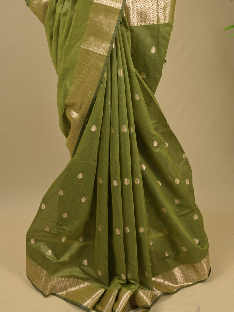 Chanderi fancy saree with allover zari motifs & zari border with zari pallu and attached self blouse