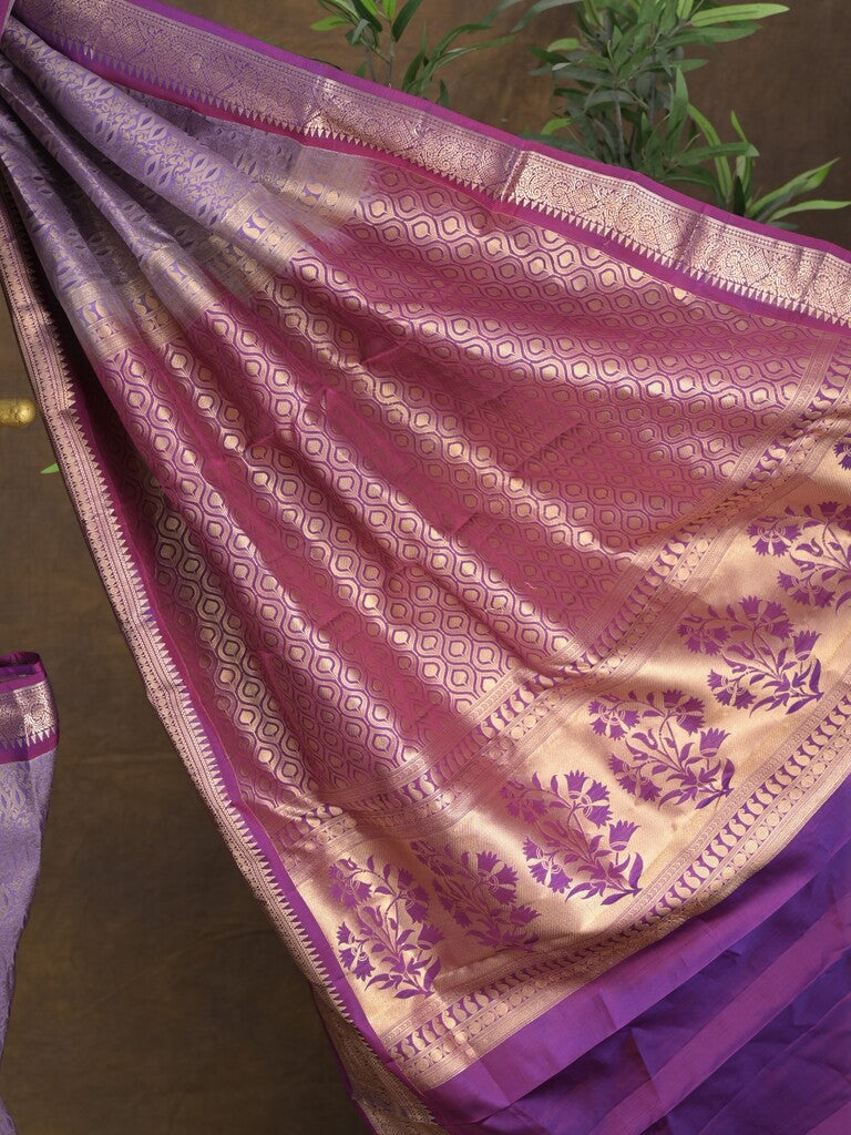 Kanchi pattu saree light purple color allover zari weaves & zari border with rich pallu and contrast plain blouse