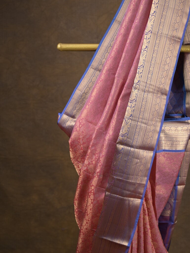 Kanchi pattu saree light pink color allover zari weaves & zari border with rich pallu and contrast plain blouse