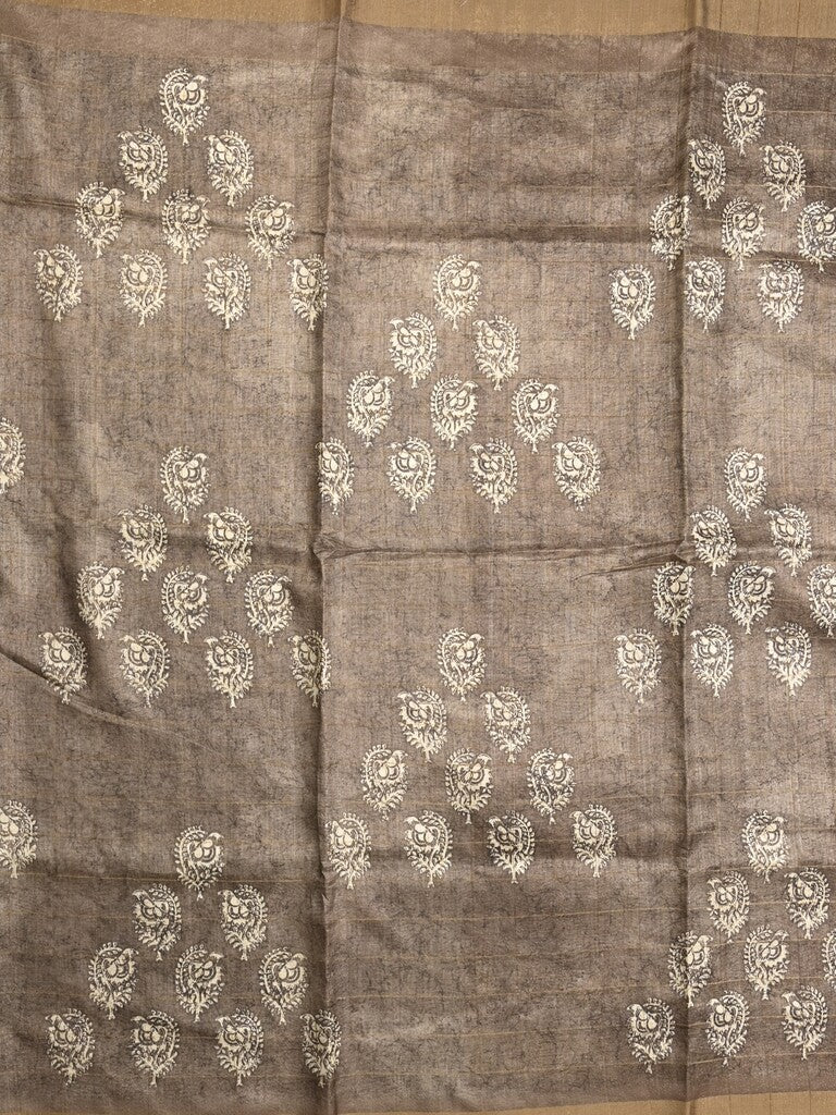 Dola silk fancy saree grey color allover prints & zari border with printed pallu and plain blouse
