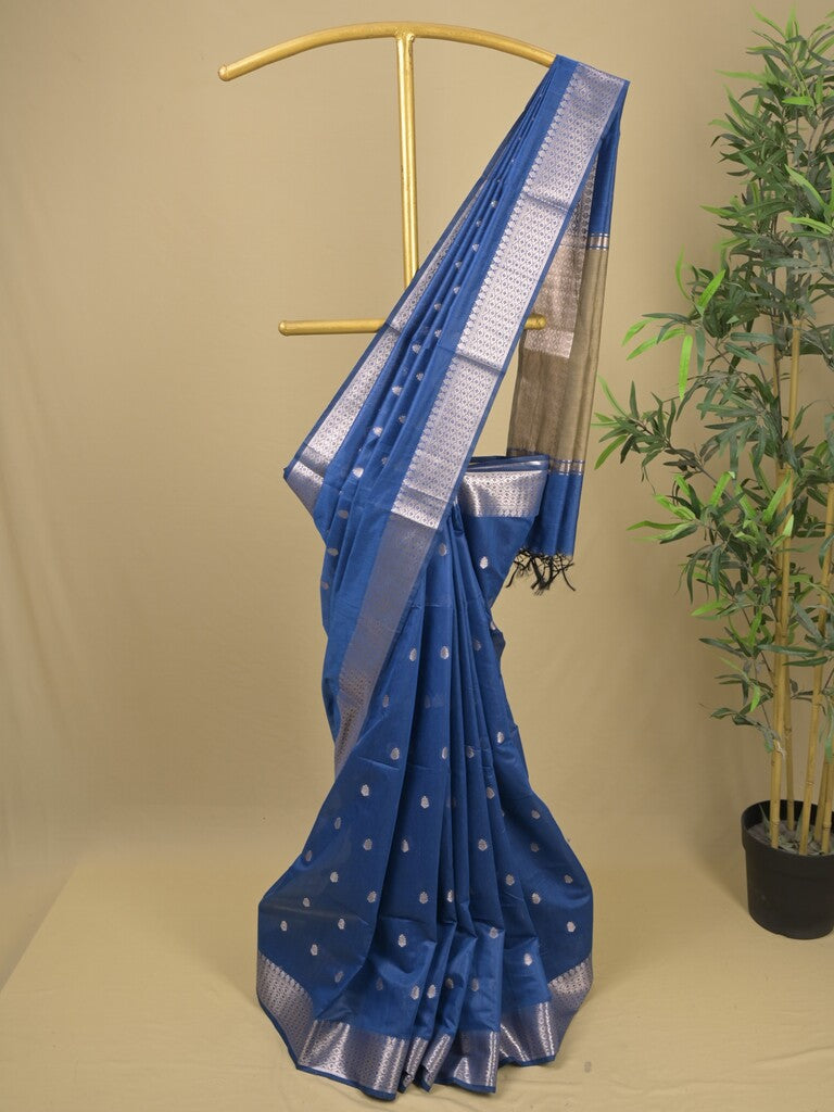 Chanderi fancy saree with allover zari motifs & zari border with zari pallu and attached self blouse