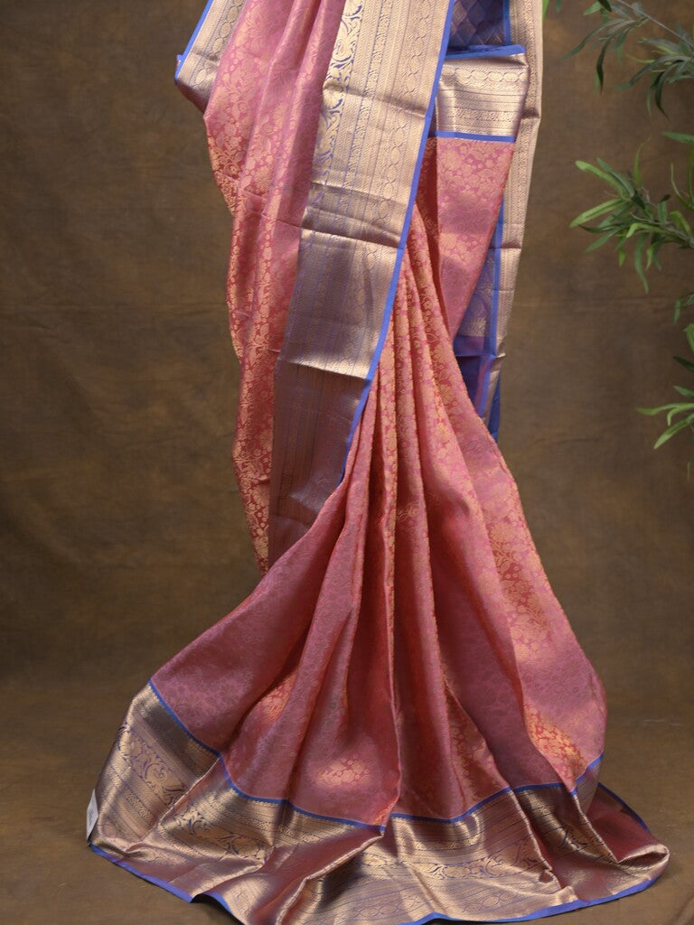 Kanchi pattu saree light pink color allover zari weaves & zari border with rich pallu and contrast plain blouse