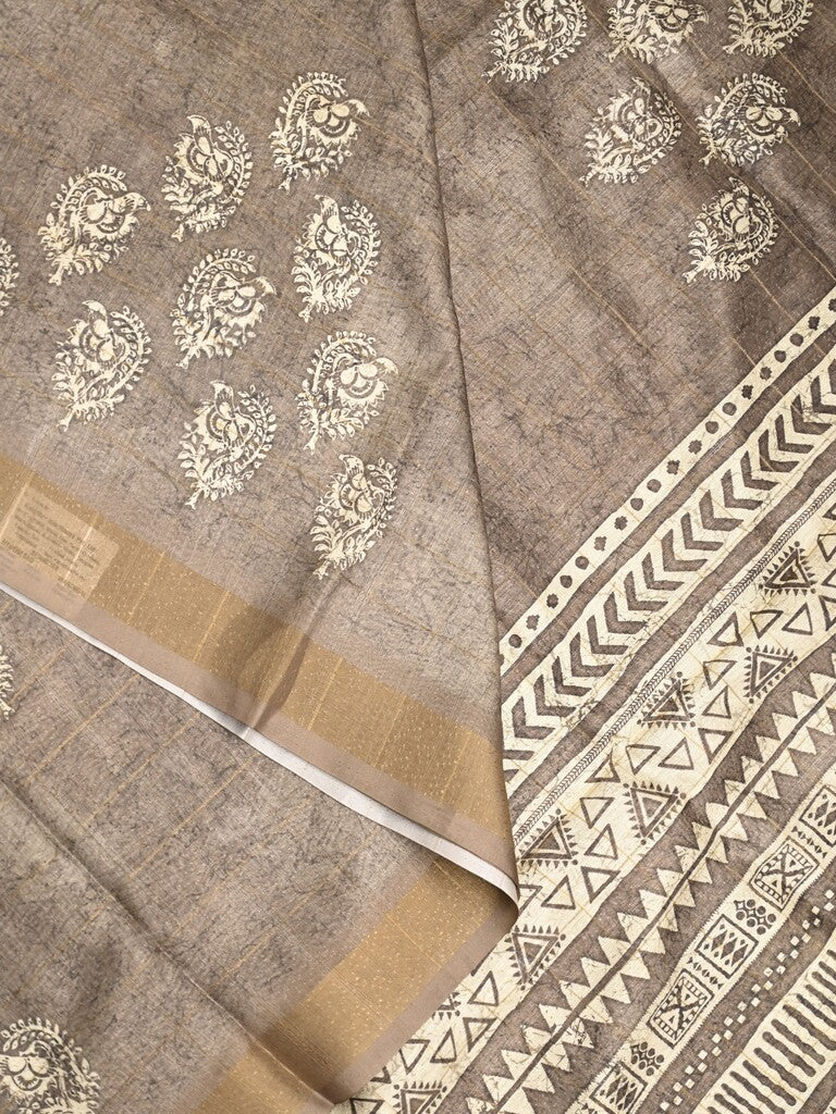 Dola silk fancy saree grey color allover prints & zari border with printed pallu and plain blouse