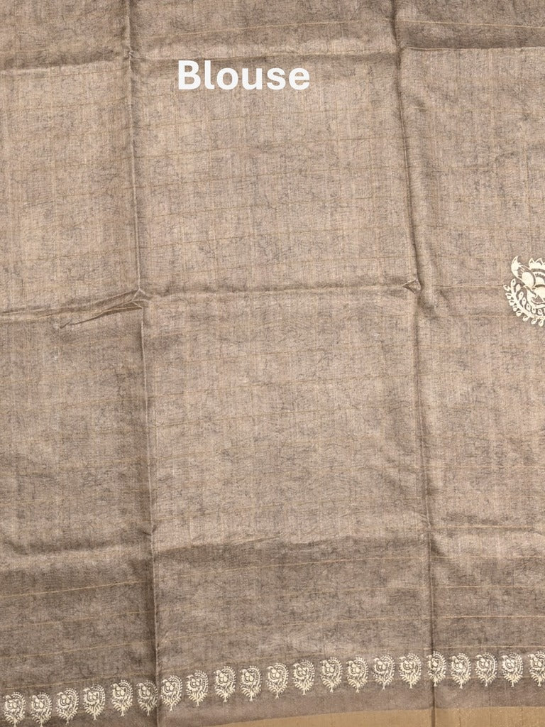 Dola silk fancy saree grey color allover prints & zari border with printed pallu and plain blouse