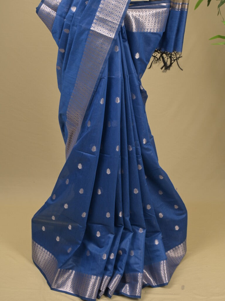 Chanderi fancy saree with allover zari motifs & zari border with zari pallu and attached self blouse