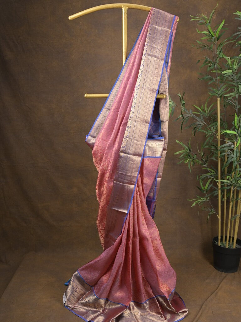 Kanchi pattu saree light pink color allover zari weaves & zari border with rich pallu and contrast plain blouse