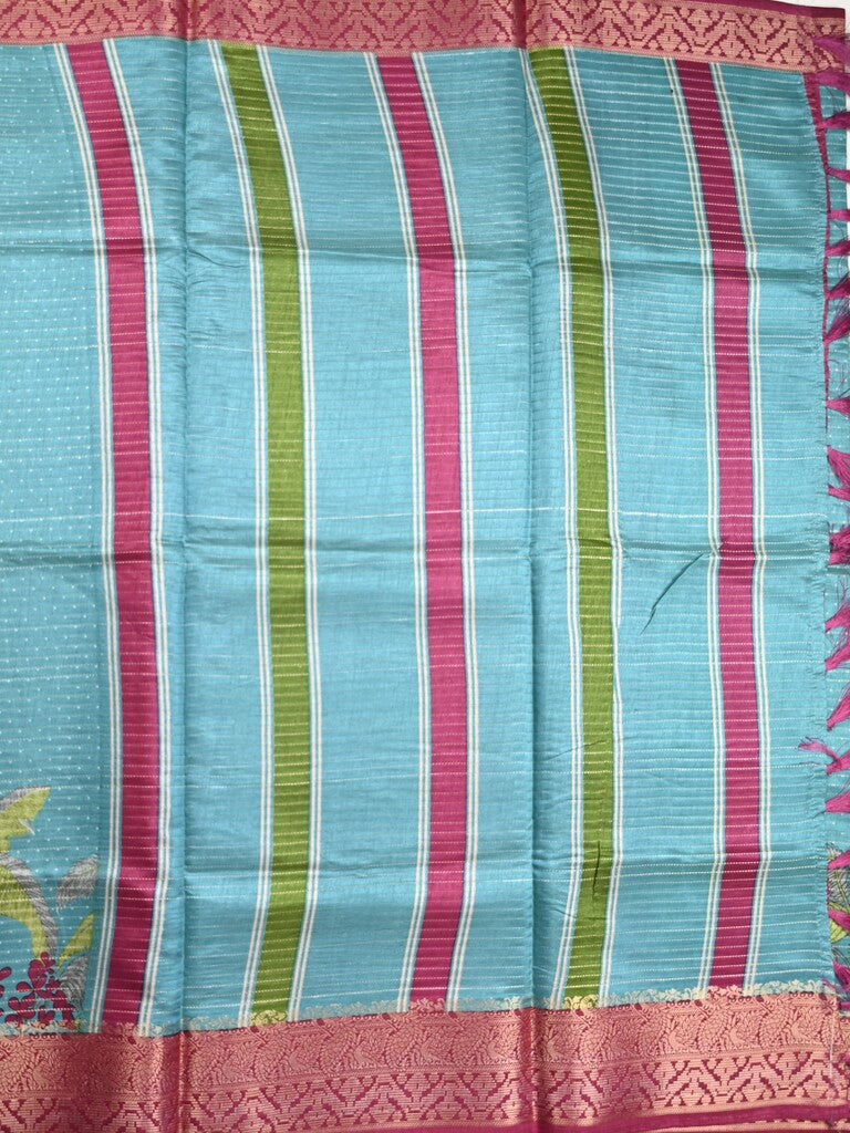 Dola silk fancy saree sky blue color allover prints & zari border with printed pallu and plain blouse
