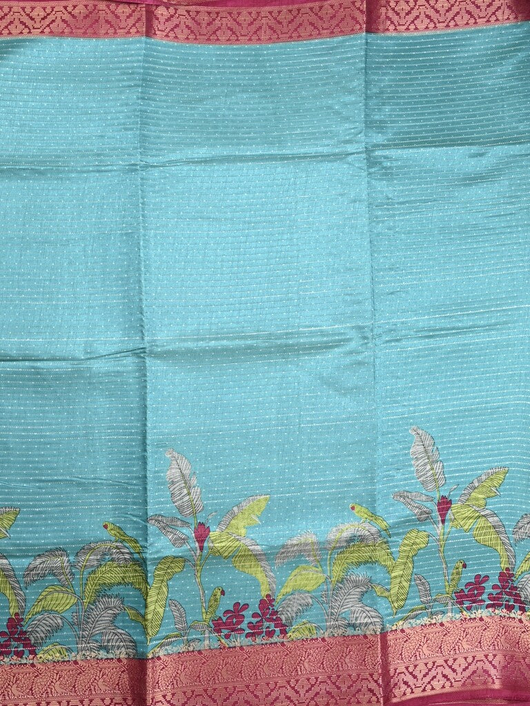Dola silk fancy saree sky blue color allover prints & zari border with printed pallu and plain blouse