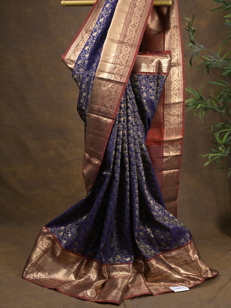 Kanchi pattu saree navy blue color allover zari weaves & zari border with rich pallu and contrast plain blouse