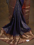 Kanchi pattu saree navy blue color allover zari weaves & zari border with rich pallu and contrast plain blouse