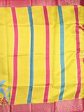 Dola silk fancy saree lemon yellow color allover prints & zari border with printed pallu and plain blouse
