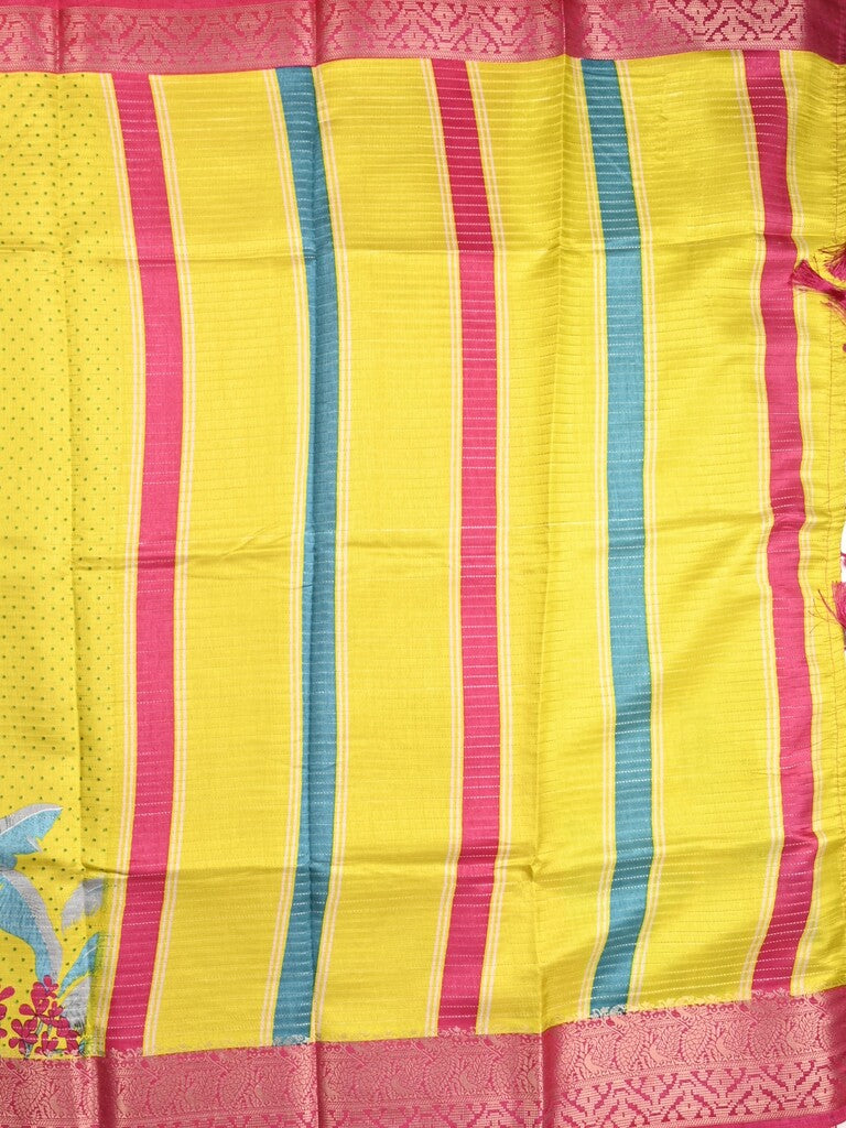 Dola silk fancy saree lemon yellow color allover prints & zari border with printed pallu and plain blouse