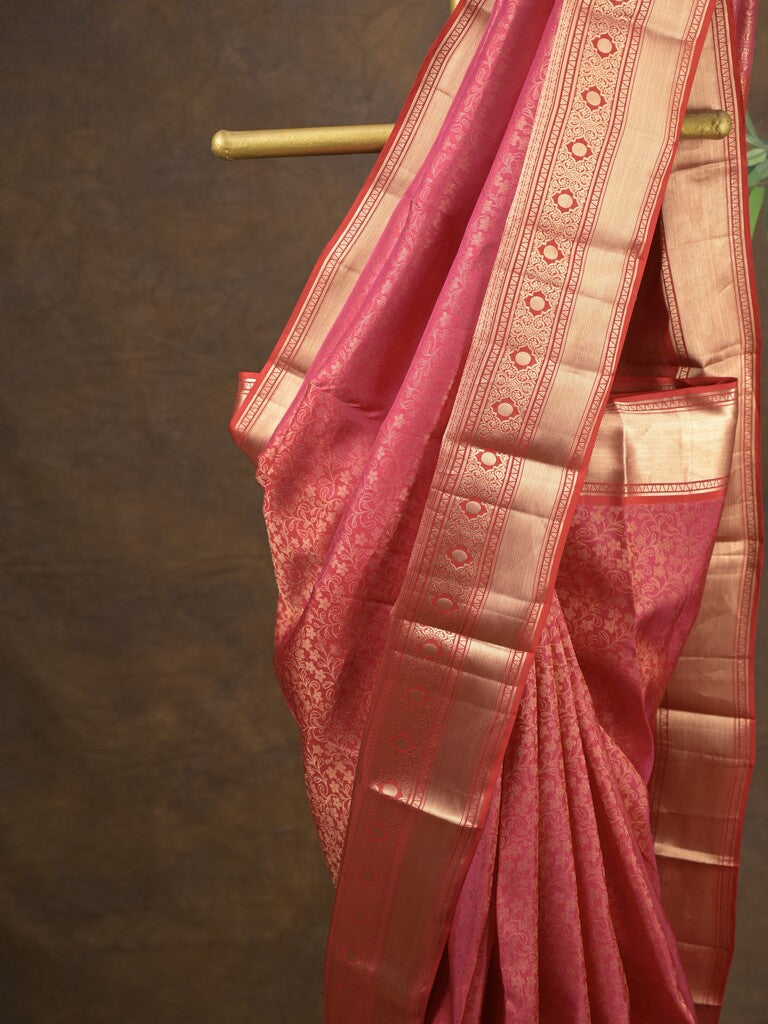 Kanchi pattu saree red color allover zari weaves & zari border with rich pallu and contrast plain blouse