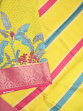 Dola silk fancy saree lemon yellow color allover prints & zari border with printed pallu and plain blouse
