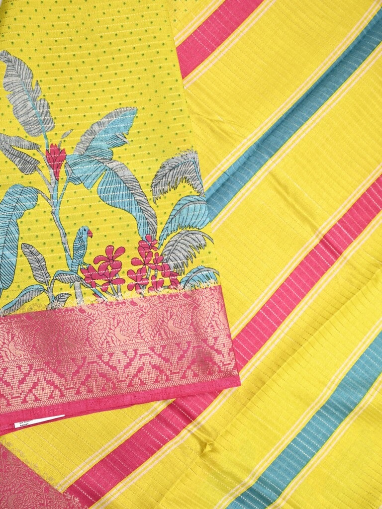 Dola silk fancy saree lemon yellow color allover prints & zari border with printed pallu and plain blouse