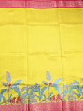 Dola silk fancy saree lemon yellow color allover prints & zari border with printed pallu and plain blouse