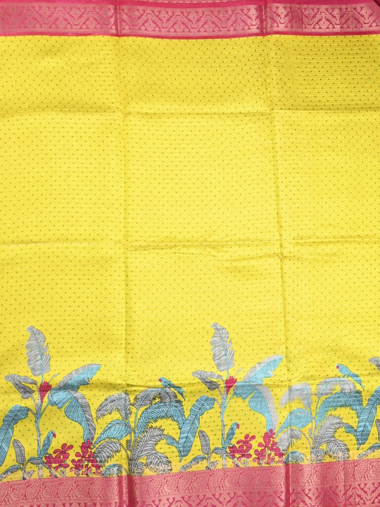 Dola silk fancy saree lemon yellow color allover prints & zari border with printed pallu and plain blouse