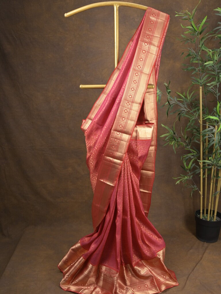 Kanchi pattu saree red color allover zari weaves & zari border with rich pallu and contrast plain blouse