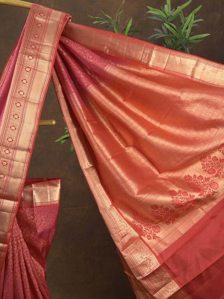 Kanchi pattu saree red color allover zari weaves & zari border with rich pallu and contrast plain blouse