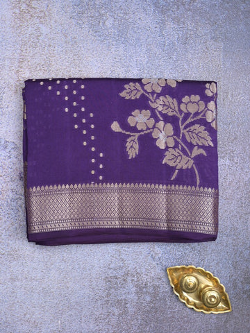 Raw mango fancy saree violet color allover zari weaves & zari border with brocade pallu and plain blouse
