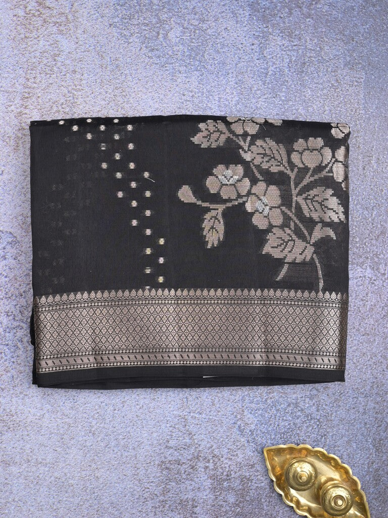 Raw mango fancy saree black color allover zari weaves & zari border with brocade pallu and plain blouse