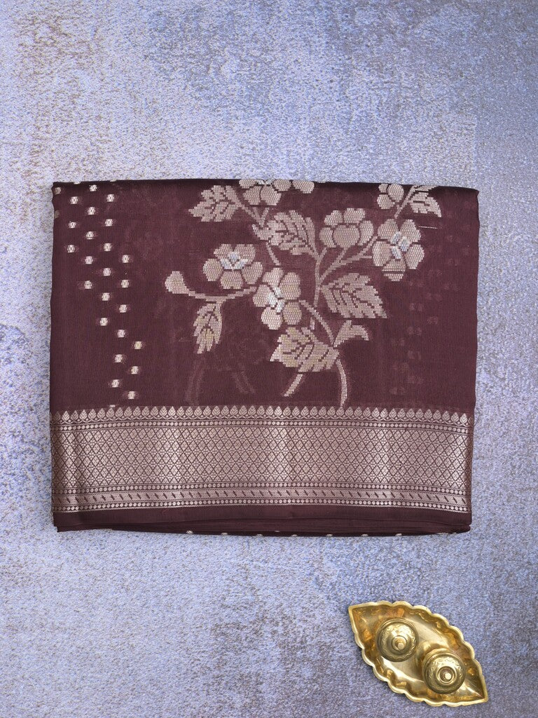 Raw mango fancy saree dark wine color allover zari weaves & zari border with brocade pallu and plain blouse