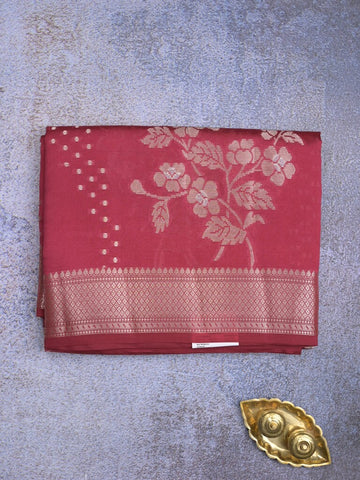 Raw mango fancy saree pink color allover zari weaves & zari border with brocade pallu and plain blouse