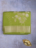 Raw mango fancy saree parrot green color allover zari weaves & zari border with brocade pallu and plain blouse