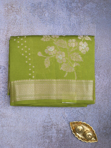 Raw mango fancy saree parrot green color allover zari weaves & zari border with brocade pallu and plain blouse