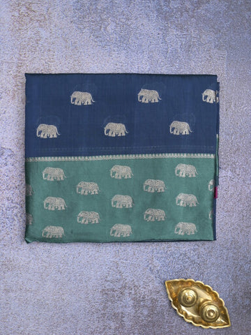 Raw mango fancy saree navy blue color allover zari motifs & zari border with brocade pallu and contrast plain blouse