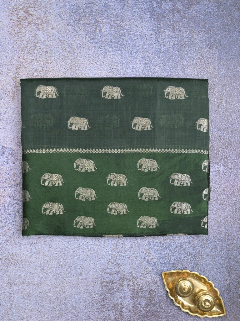 Raw mango fancy saree dark green color allover zari motifs & zari border with brocade pallu and contrast plain blouse