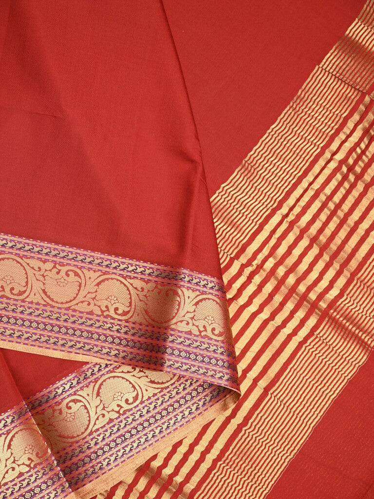 Chanderi fancy saree red color allover plain & zari border with zari pallu and tissue blouse