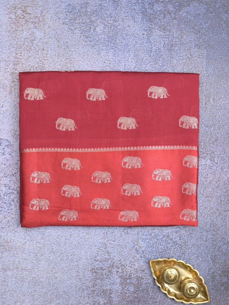 Raw mango fancy saree red color allover zari motifs & zari border with brocade pallu and contrast plain blouse