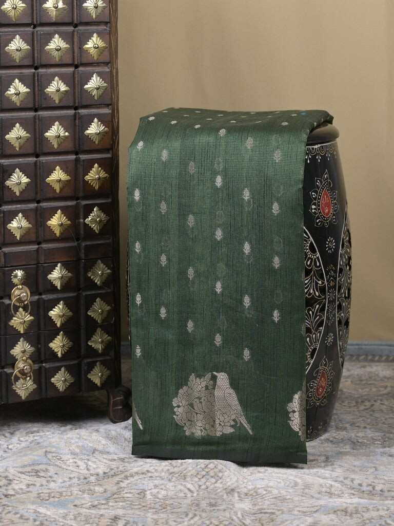 Mangalagiri fancy saree bottle green color allover zari motifs & zari border with brocade pallu and plain blouse