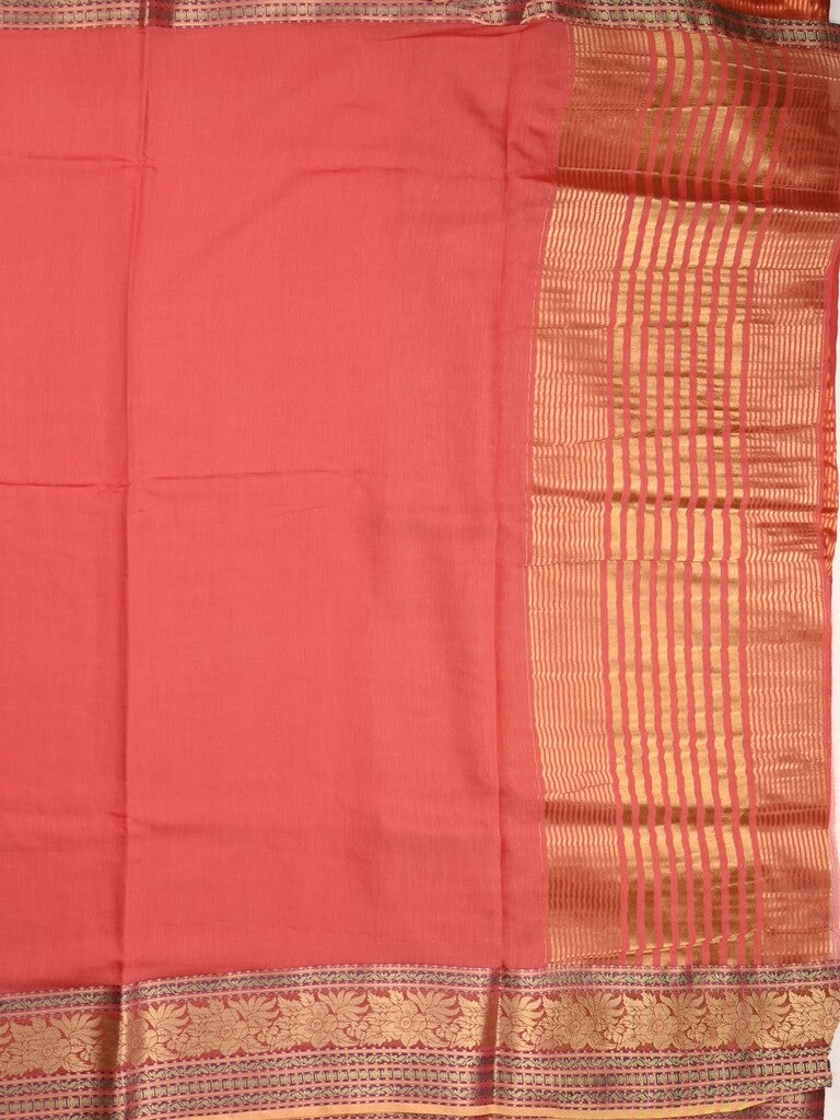 Chanderi fancy saree coral pink color allover plain & zari border with zari pallu and tissue blouse