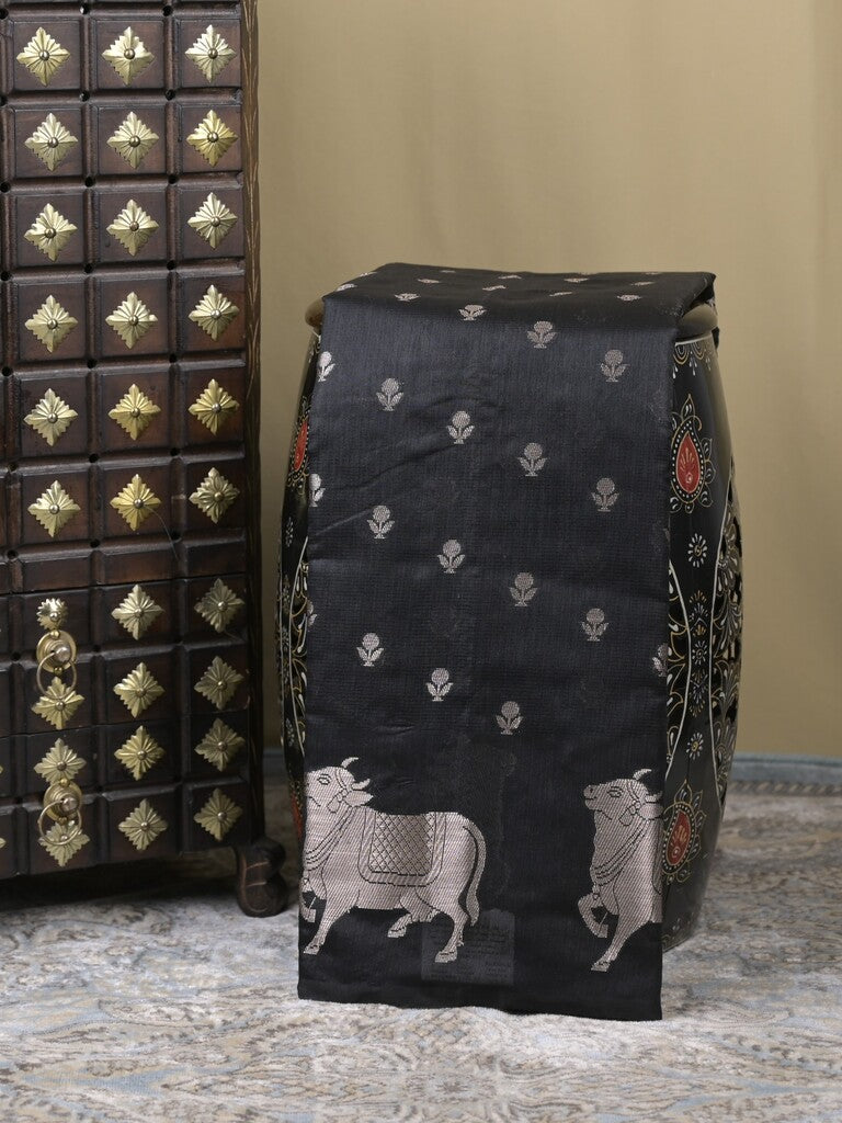 Mangalagiri fancy saree black color allover zari motifs & zari border with brocade pallu and brocade blouse