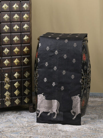 Mangalagiri fancy saree black color allover zari motifs & zari border with brocade pallu and brocade blouse