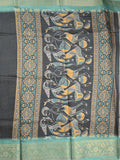 Dola silk fancy saree navy blue color allover stripes & zari border with printed pallu and printed blouse
