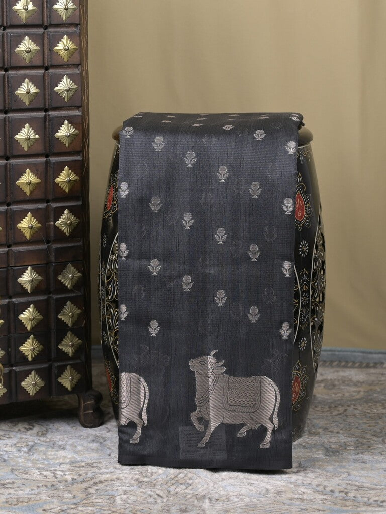 Mangalagiri fancy saree dark grey color allover zari motifs & zari border with brocade pallu and brocade blouse